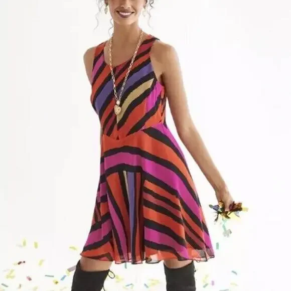 Cabi Size S Fete Dress Vibrant Multicolor Striped Chiffon Fit & Flare - Picture 2 of 12